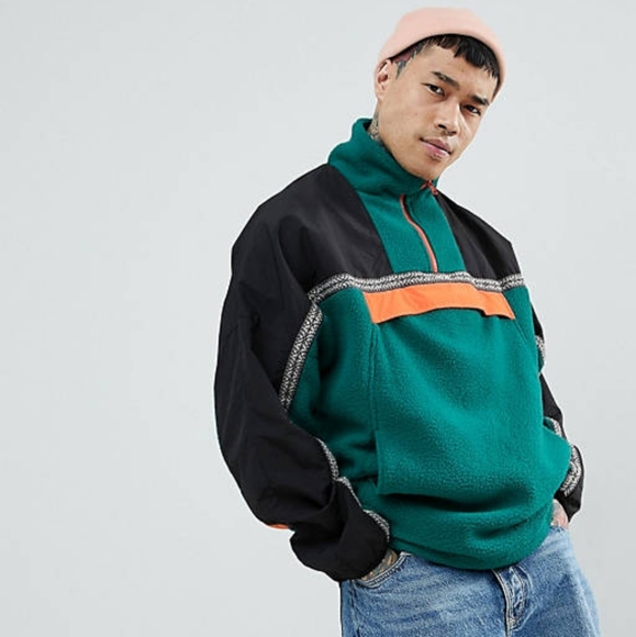 ASOS Design Fleece Windbreaker with Geo-Tribal Tape - Picture 3 of 4
